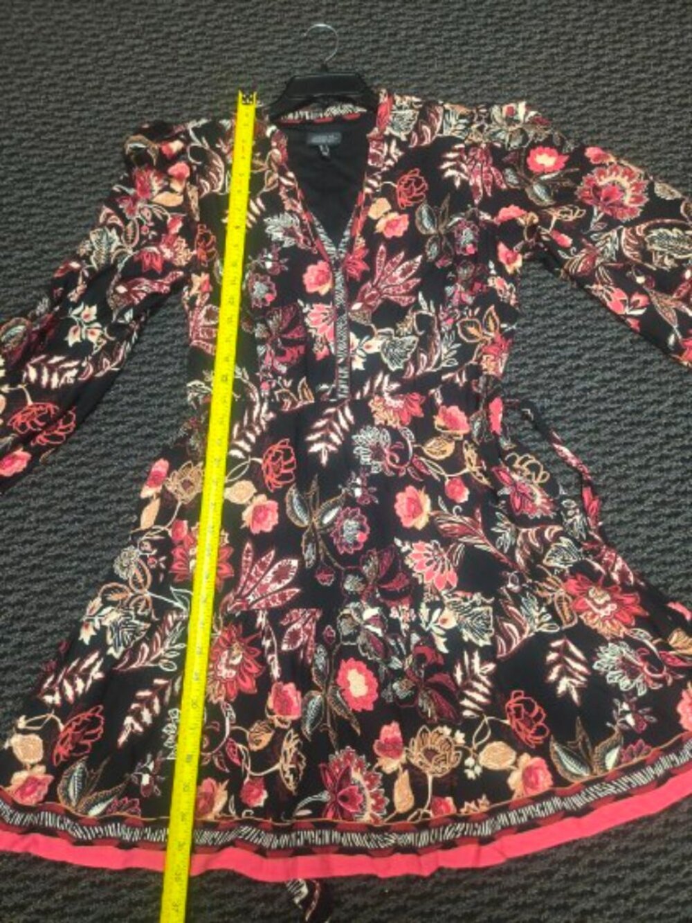 Adrianna Papell Dress 12 Black Pink Floral A-Line Midi Belted V-Neck Long Sleeve - Picture 6 of 11